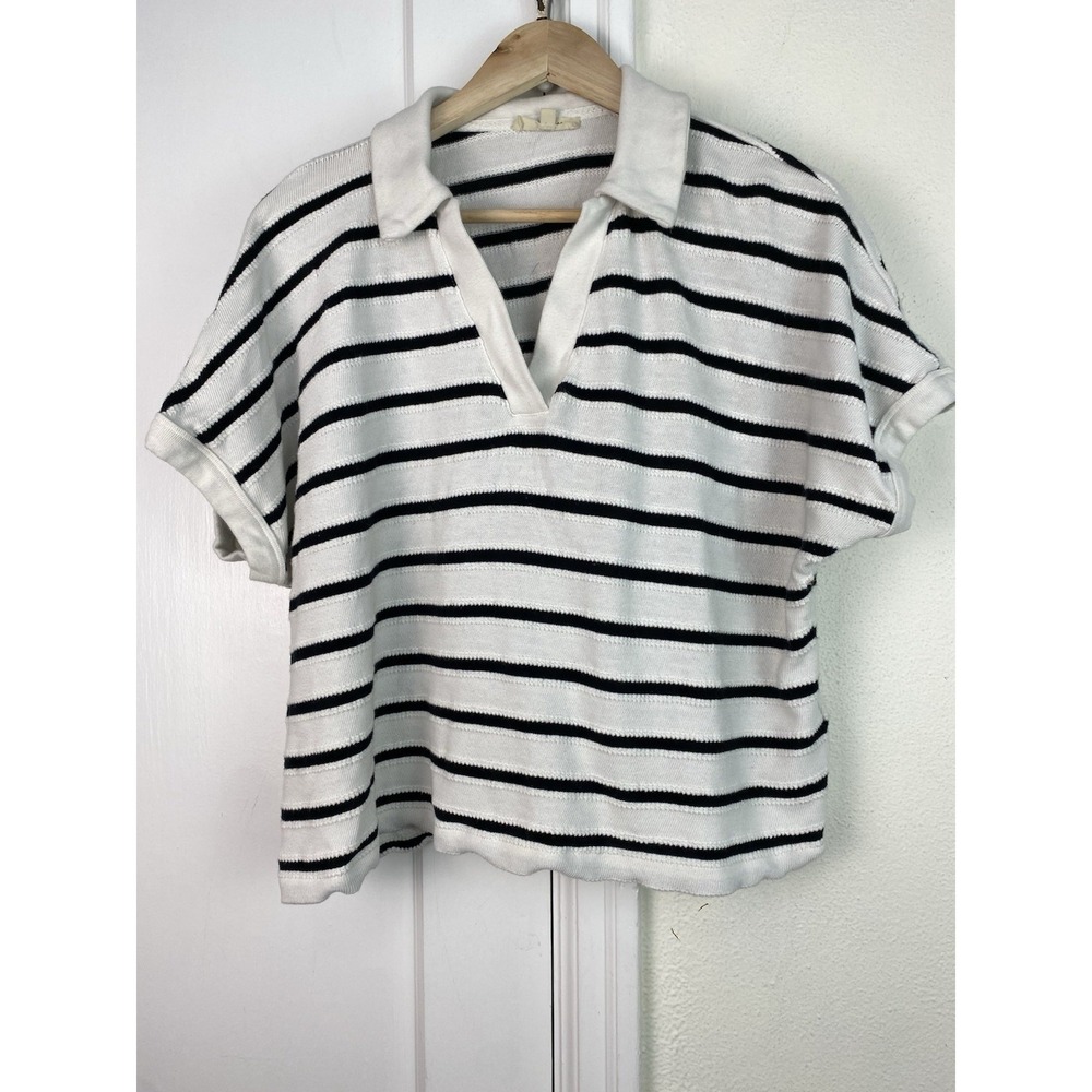 Madewell Women's M White Black Striped Collared Crop Pullover Sweater